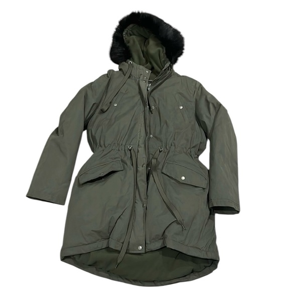 Old Navy olive green parka coat with black faux fur trim hood size size Small - Picture 1 of 13